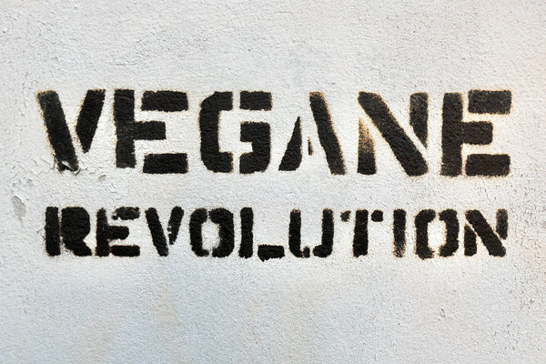 The words Vegane Revolution stencilled in black on a white wall
