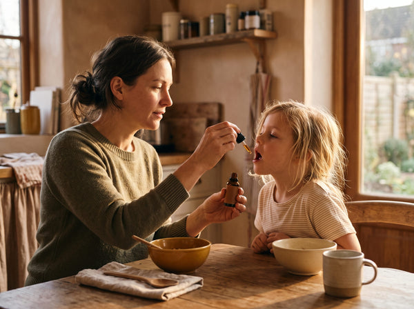 A woman giving a young child drops from a dropper at the kitchen table