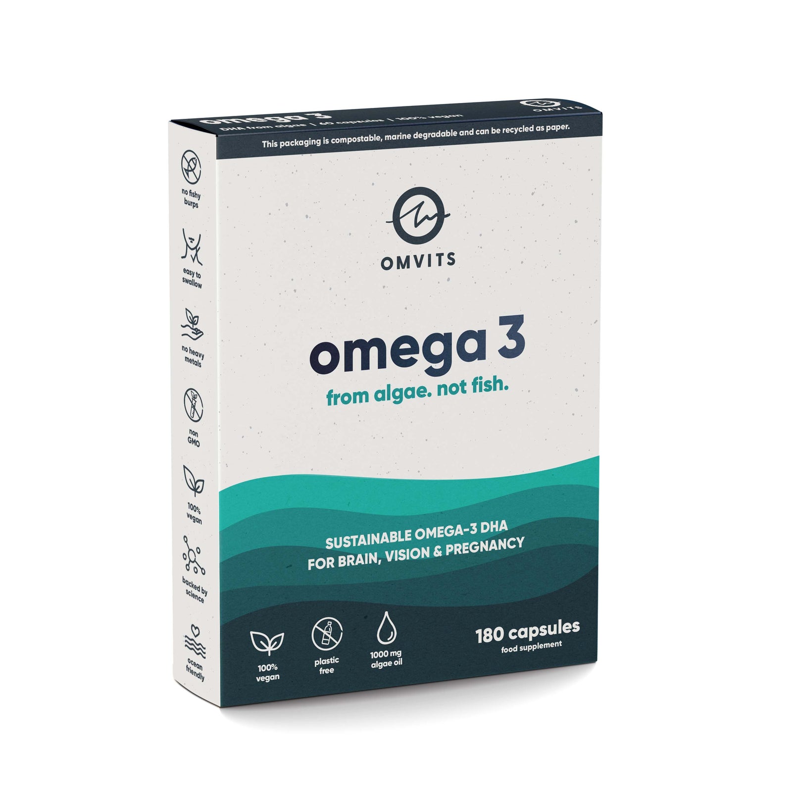180 Capsules / Plastic-free Vegan Omega 3 DHA - 60 Algae Oil Capsules - Omvits
