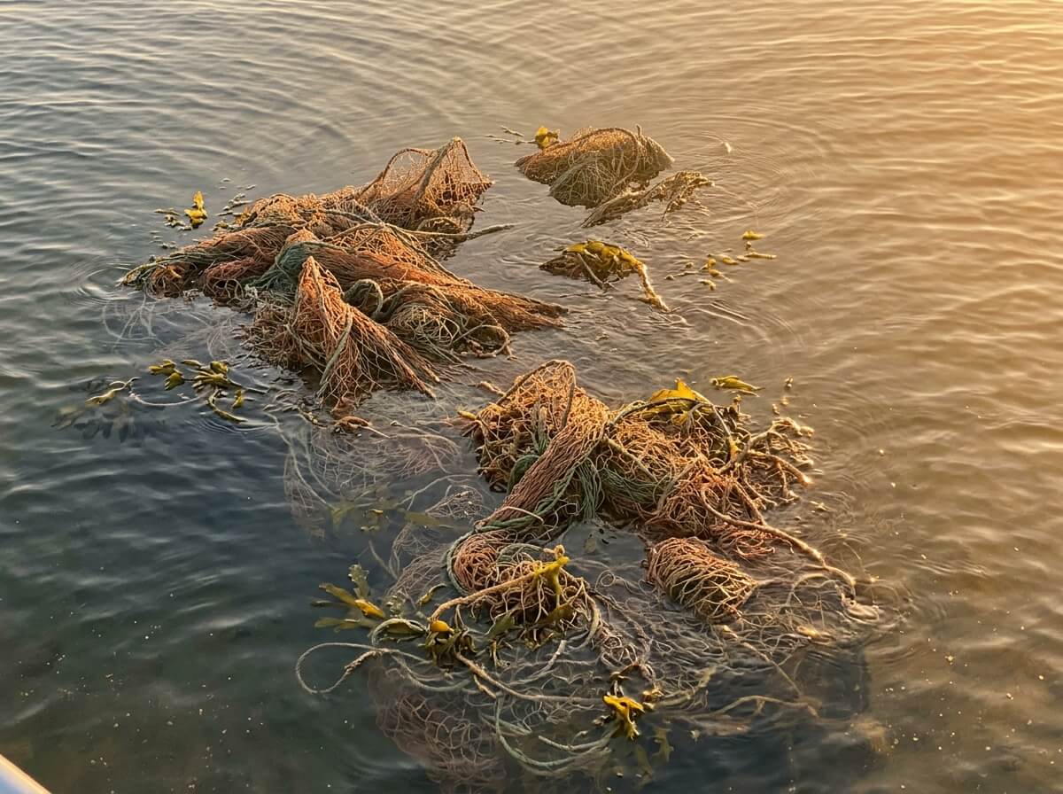 An abandoned fishing net drifting in the sea