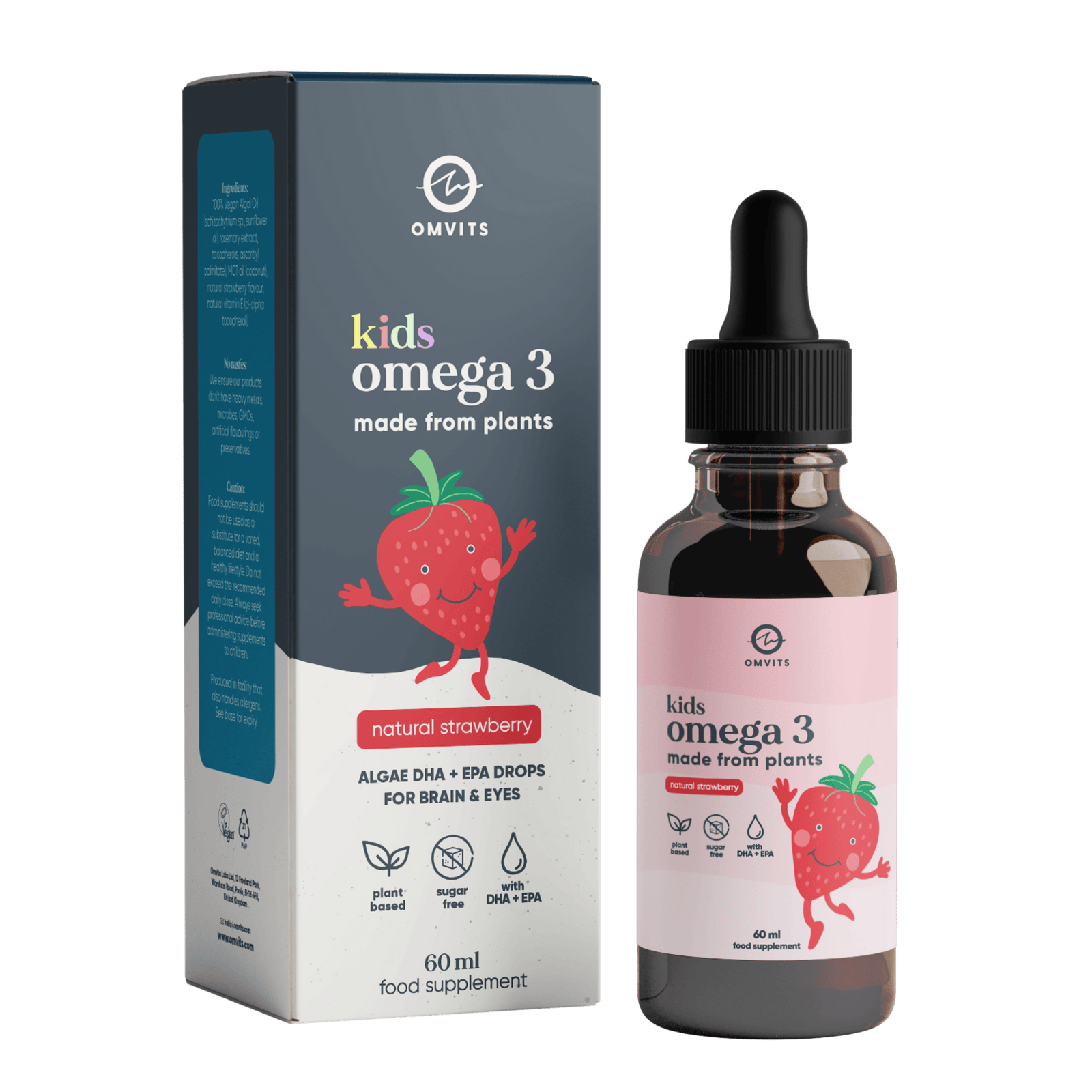 Strawberry Kids Vegan Omega-3 DHA+EPA Drops  -  Omvits