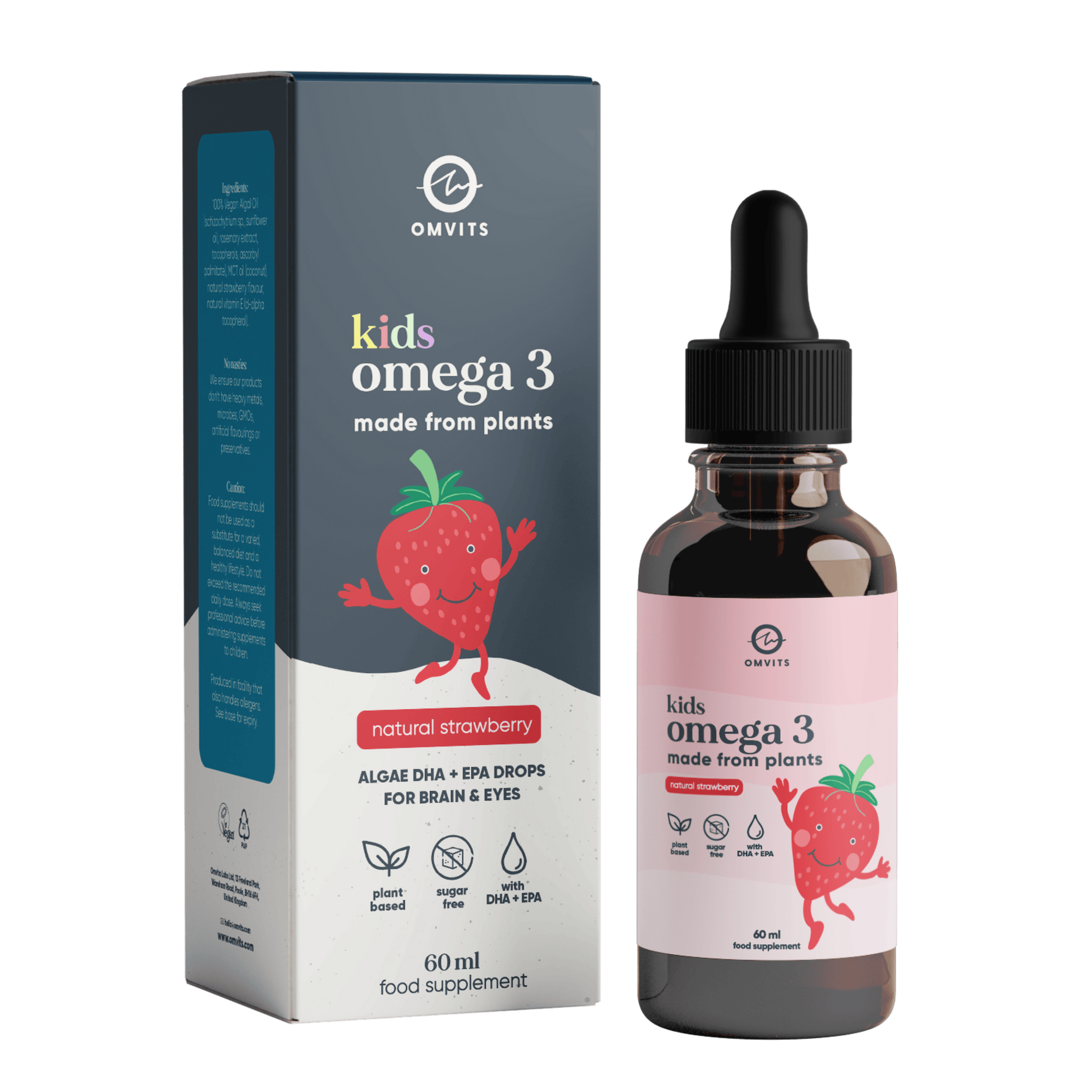 Strawberry Kids Vegan Omega-3 DHA+EPA Drops  -  Omvits