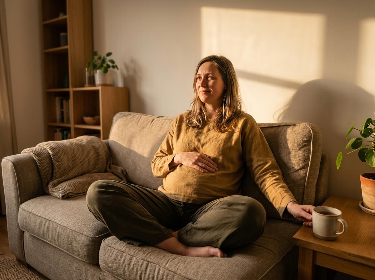 A pregnant woman resting at home in warm afternoon light