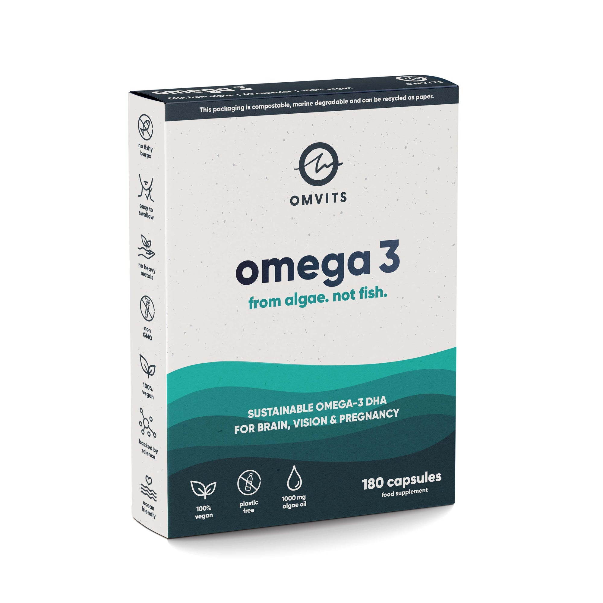 180 Capsules / Plastic-free TEST Vegan Omega 3 DHA - 180 Algae Oil Capsules - Plastic-free Pouch  -  Omvits