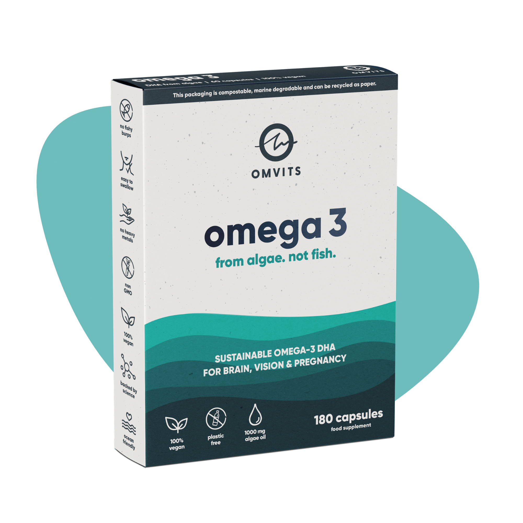 180 Capsules / Plastic-free TEST Vegan Omega 3 DHA from Algae  -  Omvits
