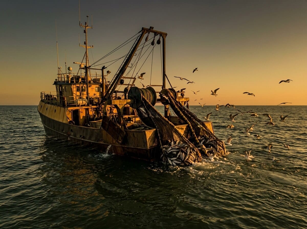 A fishing trawler at sea, nets heavy with catch