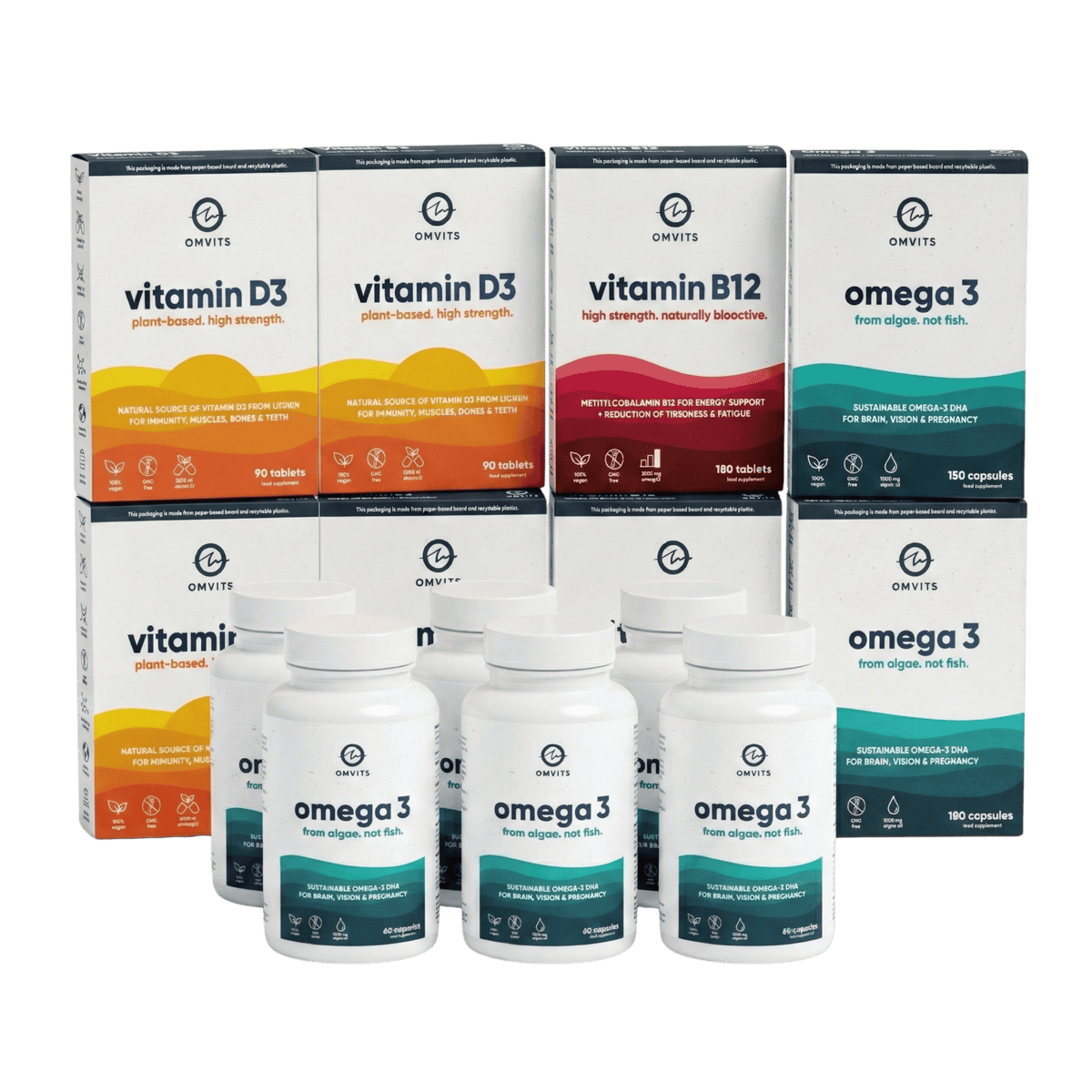 Vegan Essentials 1-Year Saver Bundle - Omega-3 DHA + Vitamin D + Vitamin B12  -  Omvits