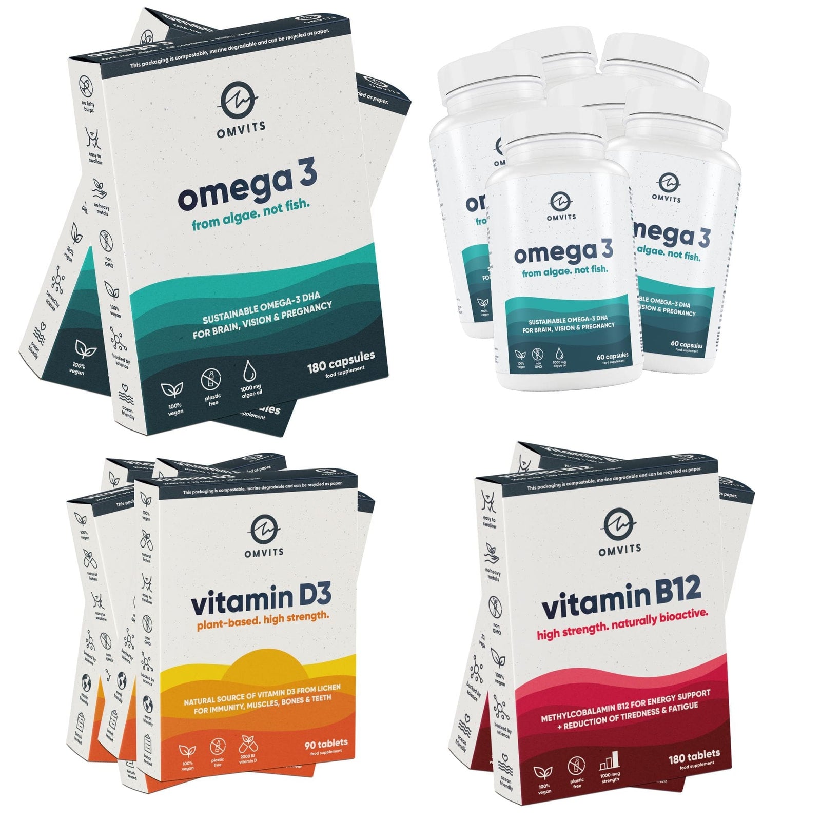 Vegan Essentials 1-Year Saver Bundle - Omega-3 DHA + Vitamin D + Vitamin B12  -  Omvits
