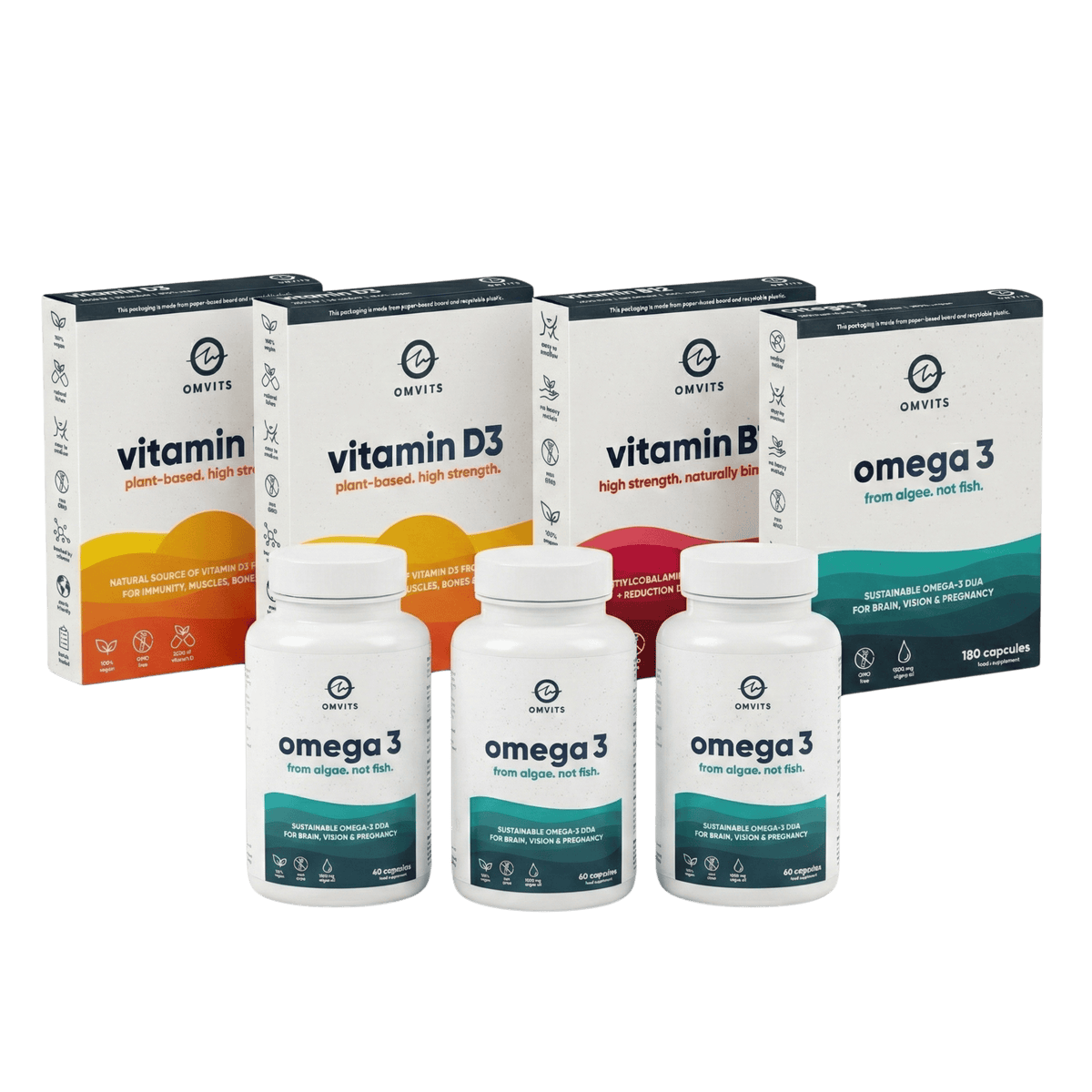 Vegan Essentials 6-Month Saver Bundle - Omega-3 DHA + Vitamin D + Vitamin B12  -  Omvits