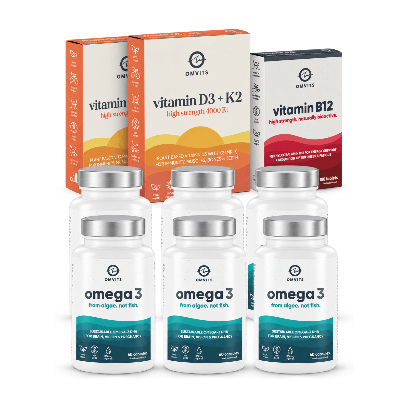 Vegan Essentials 6-Month Saver Bundle - Omega-3 DHA + Vitamin D + Vitamin B12  -  Omvits