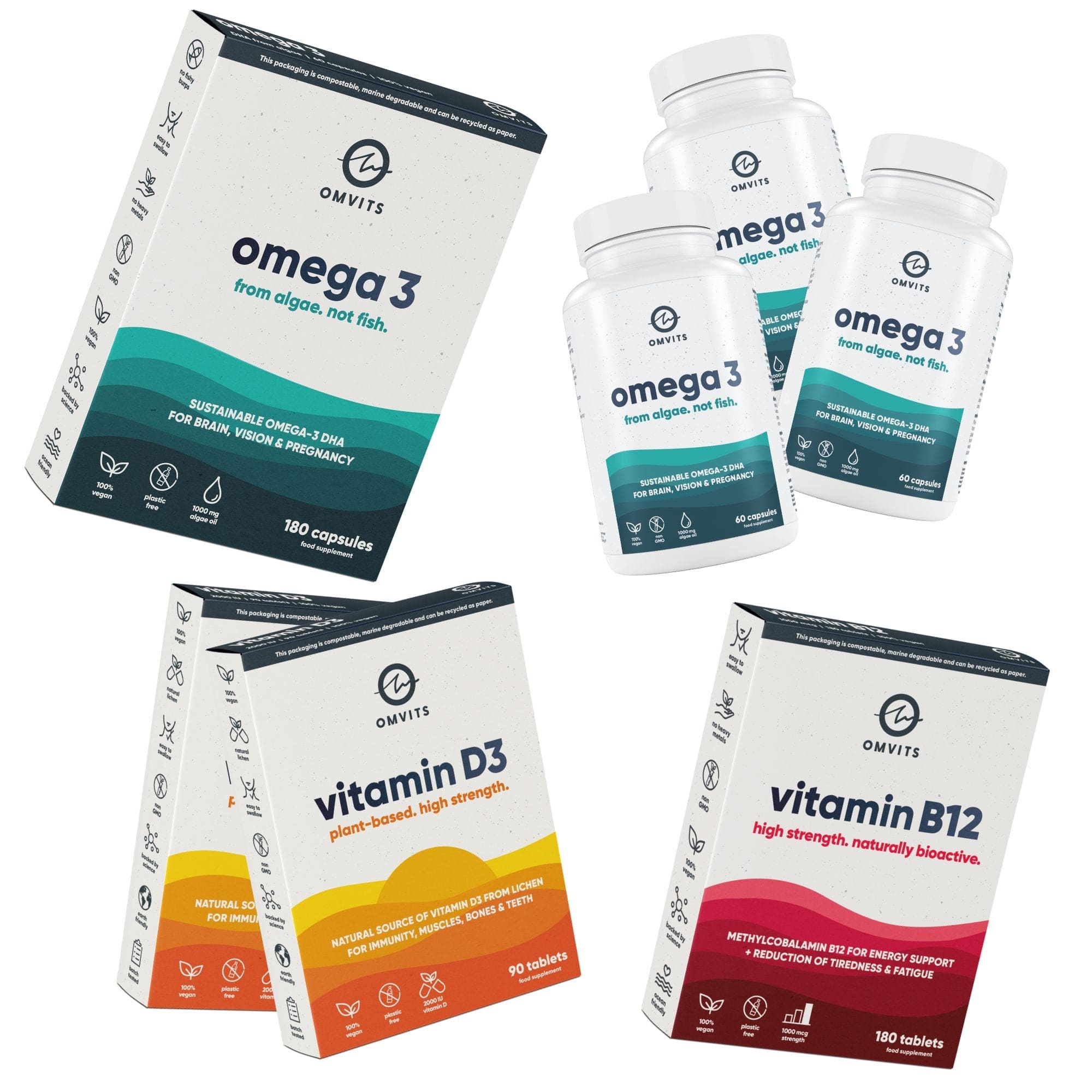 Vegan Essentials 6-Month Saver Bundle - Omega-3 DHA + Vitamin D + Vitamin B12  -  Omvits
