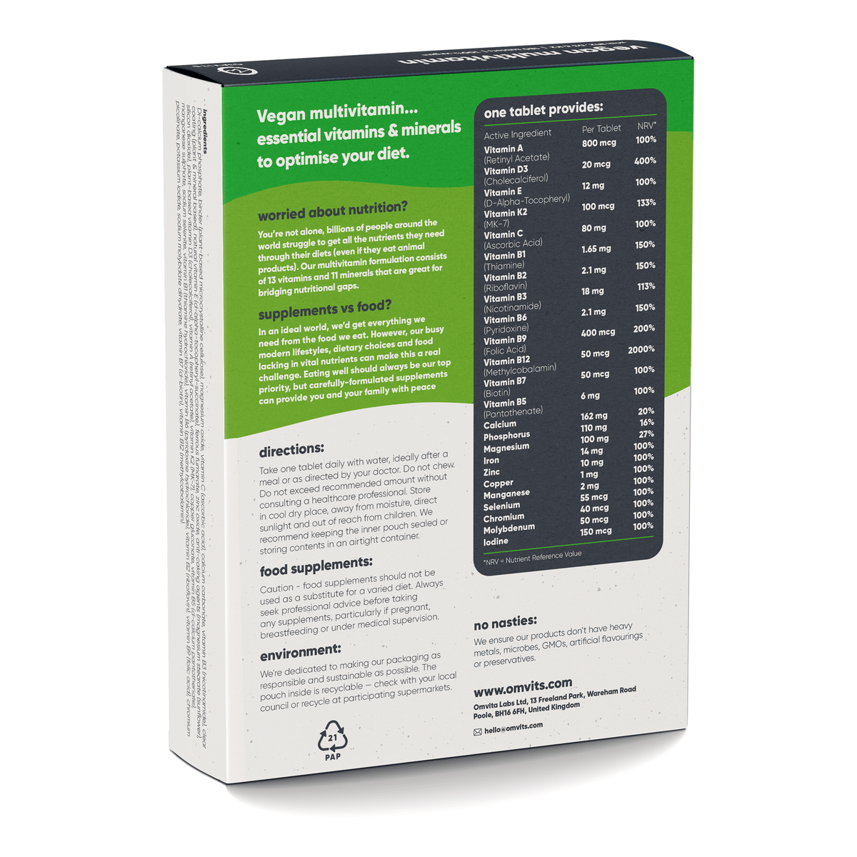 Vegan Multivitamins & Minerals - 180 Tablets  -  Omvits
