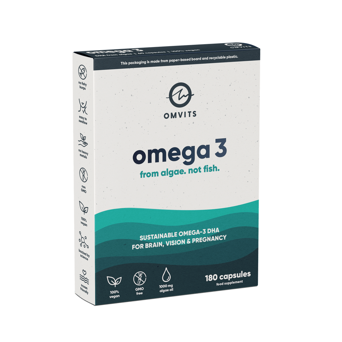 180 Capsules / Lo-Waste Pouch Vegan Omega 3 DHA - Algae Oil Capsules  -  Omvits