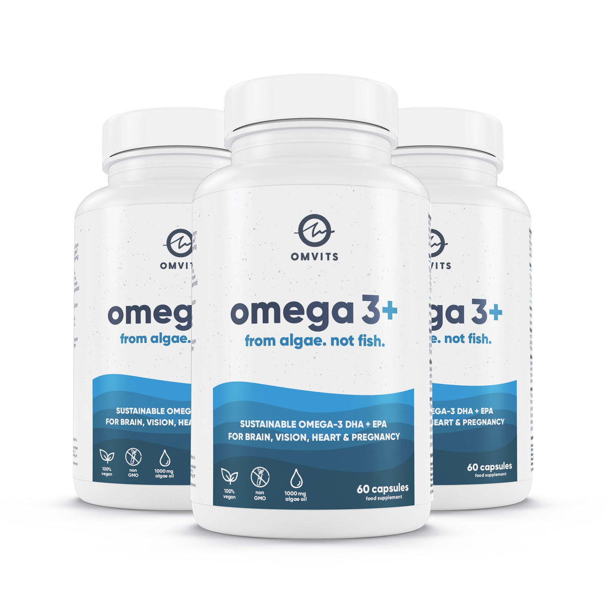 180 Capsules / Recyclable Pot Vegan Omega 3 DHA+EPA - 60 Algae Oil Capsules  -  Omvits