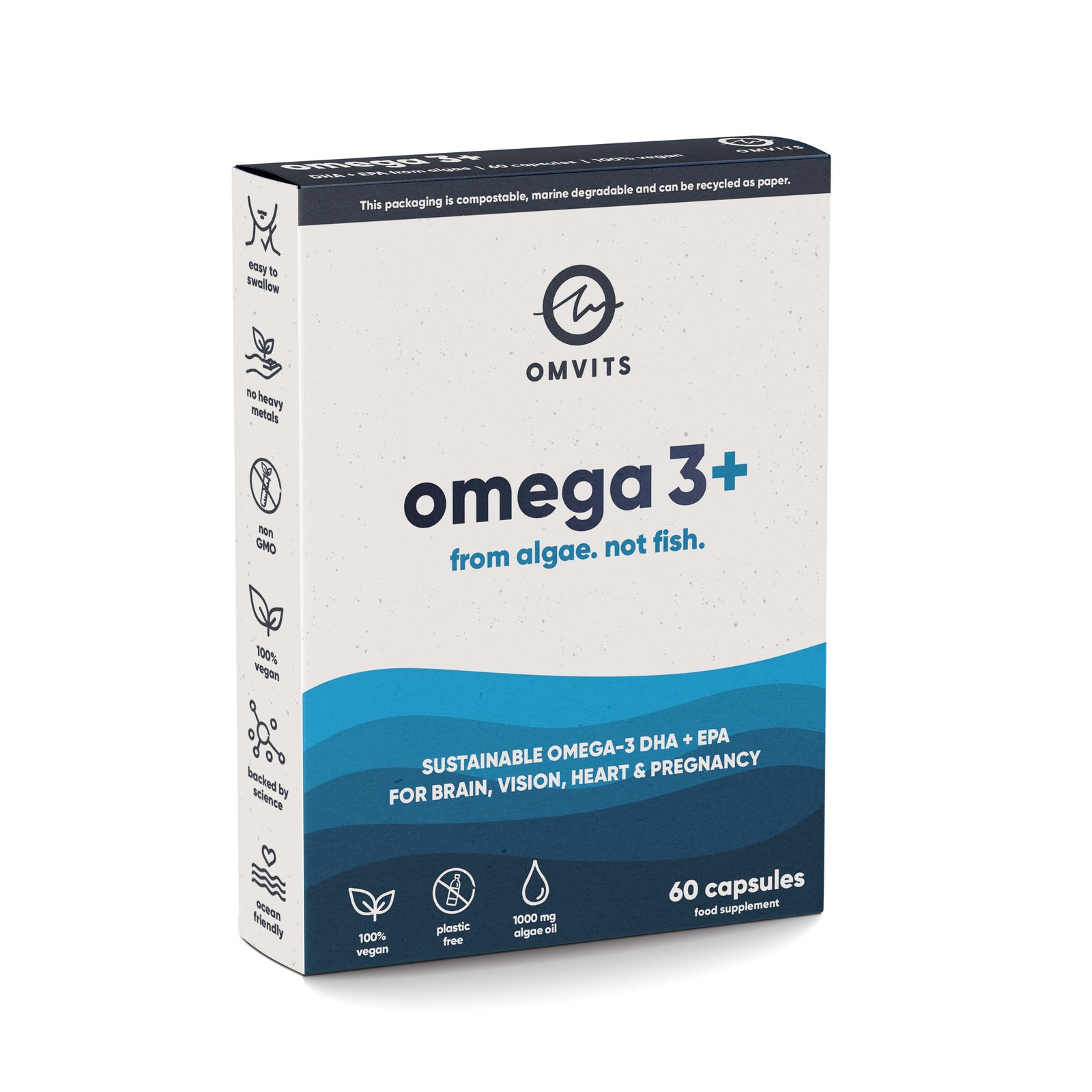 60 Capsules / Plastic-free Vegan Omega 3 DHA+EPA - 60 Algae Oil Capsules  -  Omvits