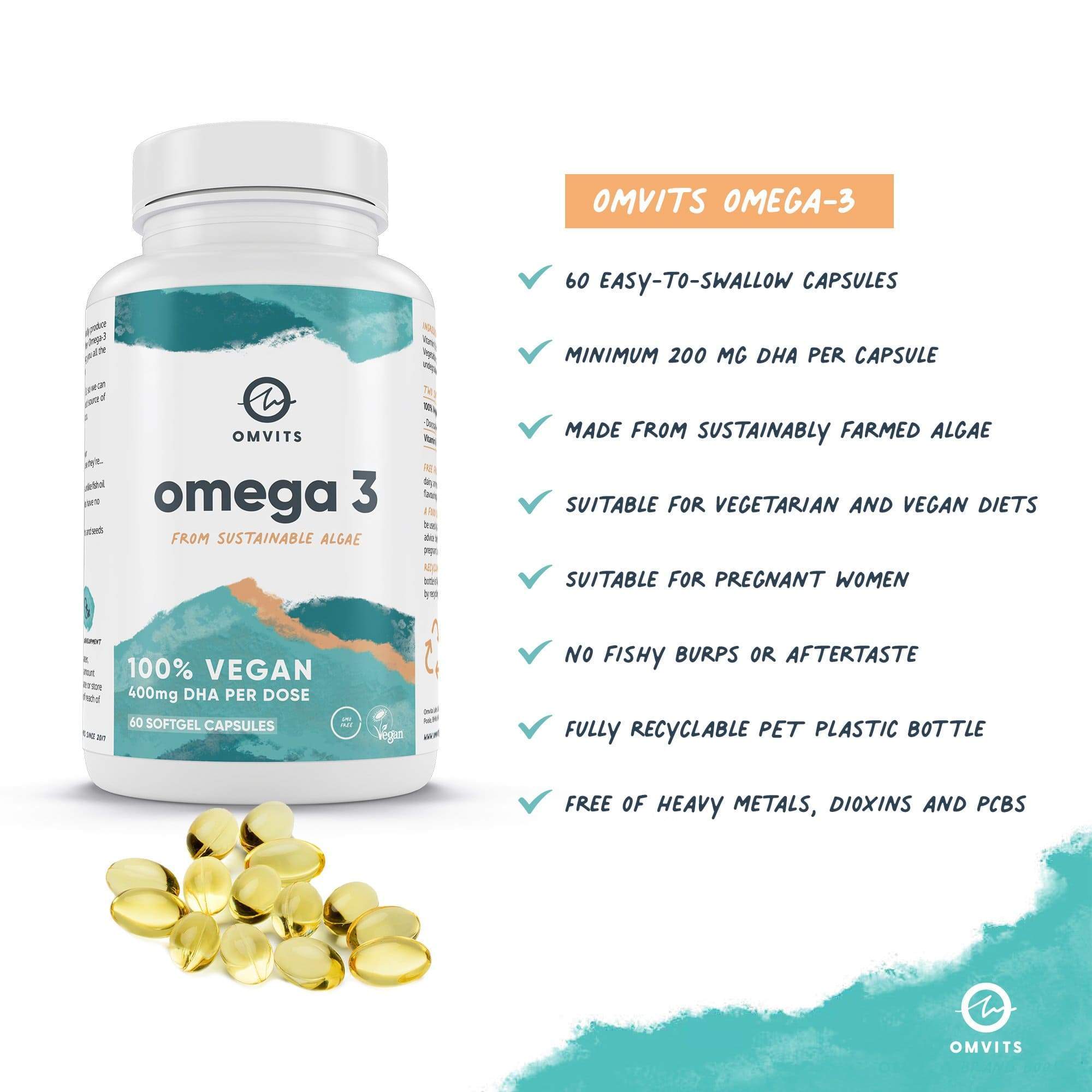 Vegan Omega 3 DHA - 60 Algae Oil Capsules  -  Omvits